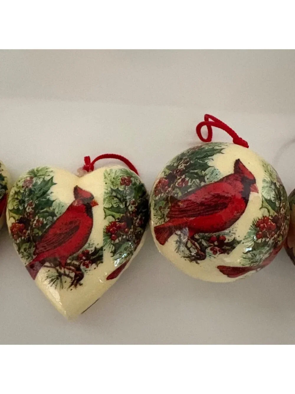 Old Fashioned Christmas Red Cardinal Paper Mache Currier Ives Ornaments Lot VTG